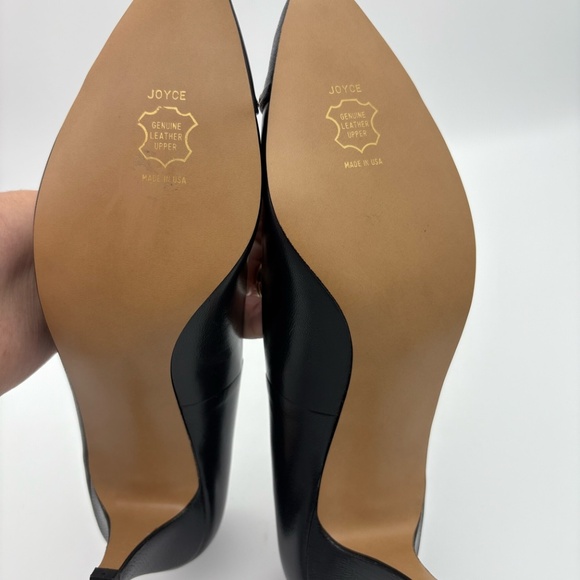 Joyce Vintage Dark Navy Kidskin Leather Pointed Toe Heels with Gold Toe Accent - Picture 9 of 15